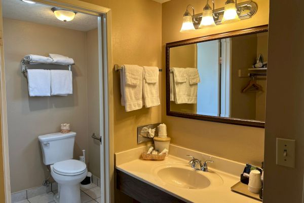 The image shows a bathroom with a toilet, towels, sink, mirror with lights above, and various toiletries on the countertop.