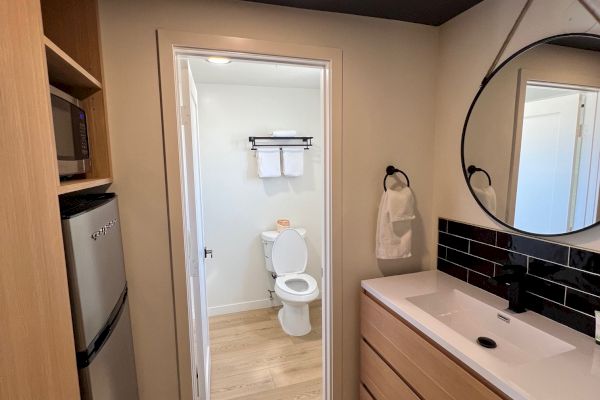 A bathroom with a round mirror, sink, towel, toilet, shelving, microwave, and refrigerator in a wood-accented space.