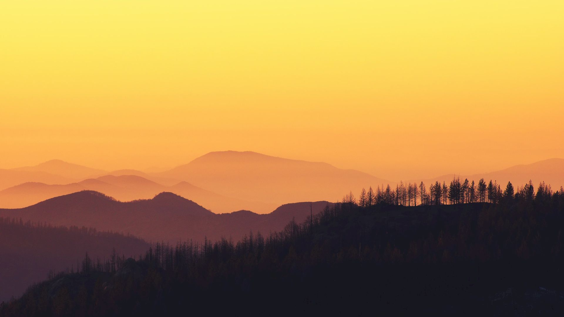 A beautiful landscape image featuring mountains against a vibrant yellow-orange sky at sunset, with trees silhouetted in the foreground.