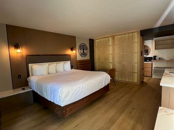 The image shows a modern bedroom with a large bed, wooden flooring, ambient lighting, and a kitchenette area.